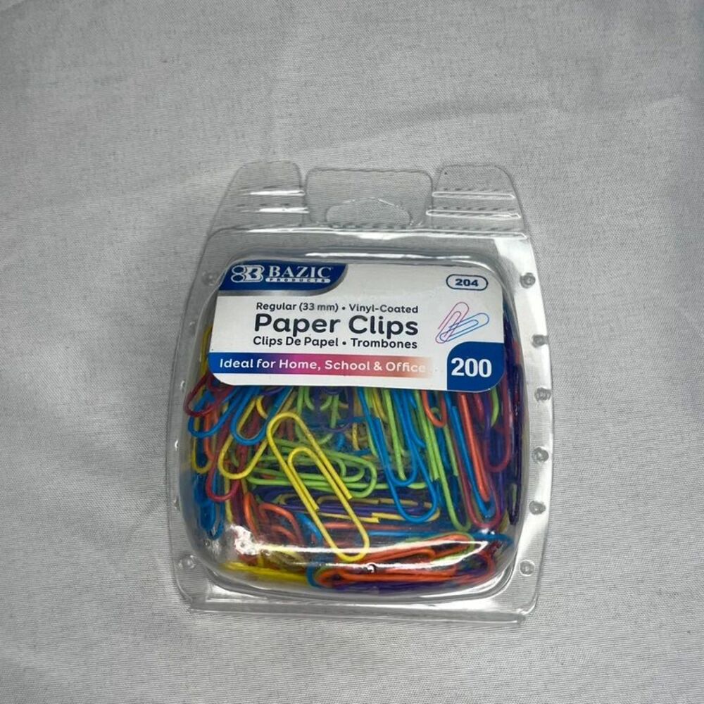 Bazic Vinyl-Coated Paper Clips – 200 pc, Assorted Colors (33mm)